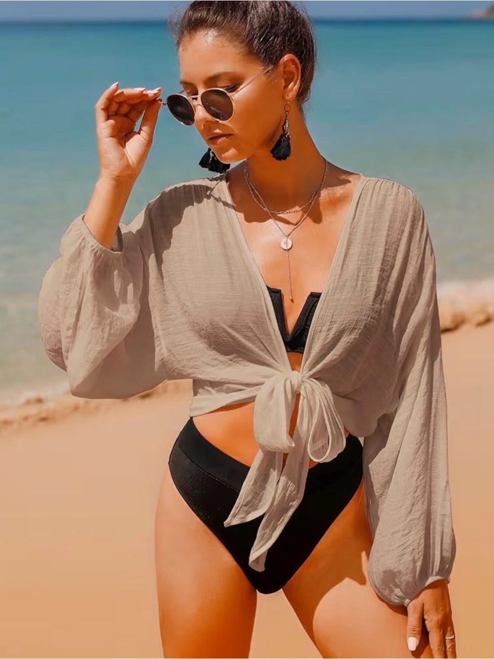 Light Beige Tie-Front Beach Cover-Up Top - Women Swim